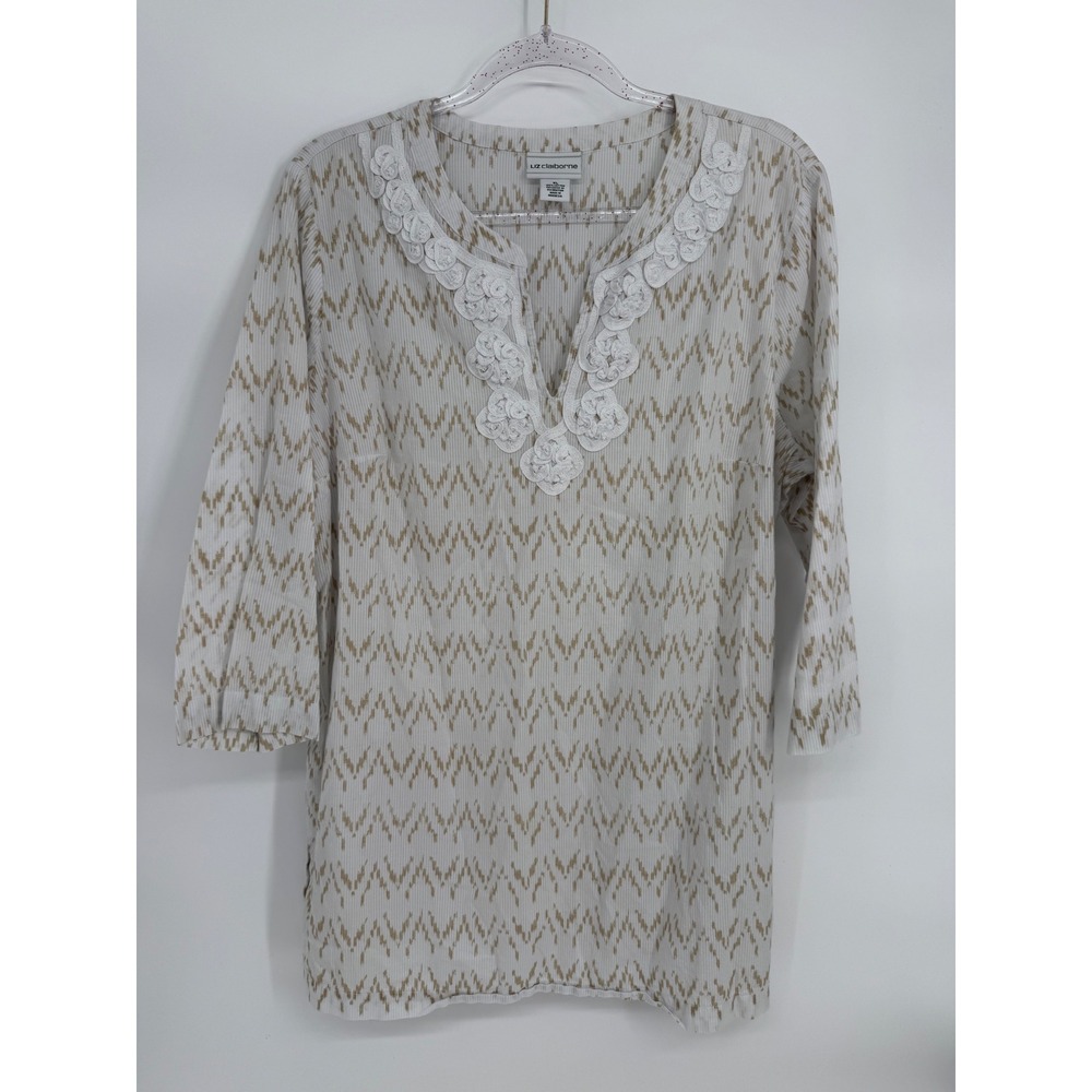 Liz Claiborne Womens XL Tan White Ikat Chevron Crochet Lace Trim Tunic Top